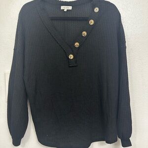 LA MIEL Black Knit Henley with Gold Buttons